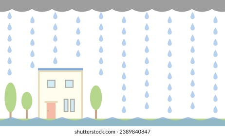Illustration of a two-story square house submerged in water under rain clouds and rain