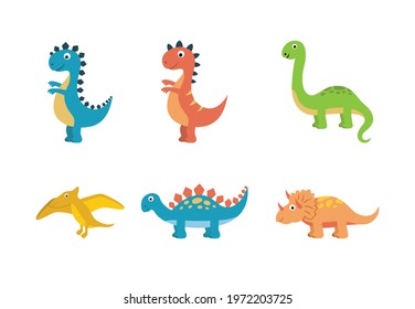 Illustration of types of dinosaurs, Tyrannosaurus Rex, Brontosaurus, Stegosaurus, Triceratops, Pteranodon, Spinosaurus