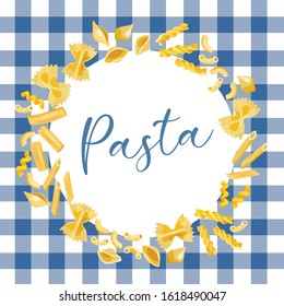 Illustration of types of pasta on plaid tablecloth for posters, cards, print and design.