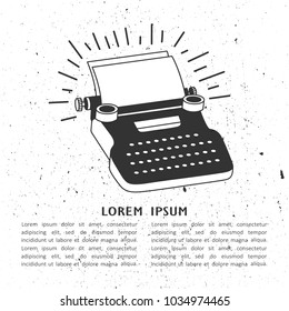 Illustration with typewriter, sheets of paper and text. Black and white backdrop, hand drawn objects. Poster design, authorship. Decorative background, good for printing