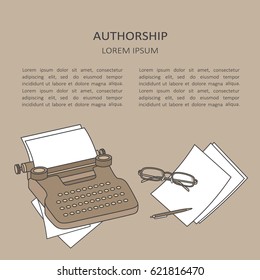 Illustration with typewriter, sheets of paper and text. Brown, black and white backdrop, hand drawn objects. Poster design, authorship. Decorative background, good for printing