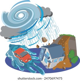 Illustration of typhoon damage caused by landslides and floods