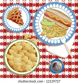 An illustration of a typical American picnic meal with hot dog and bun, pickles, cole slaw, potato chips, soda and a cherry pie. The tablecloth pattern is seamless. File size is 12" square.