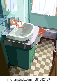 illustration of a typical bathroom in a retro train.