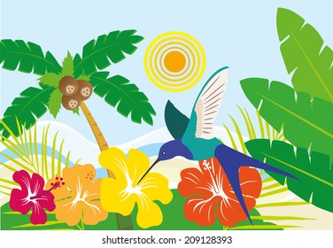 Illustration of a typical Brazilian landscape of a beach with fruits, birds and flowers 