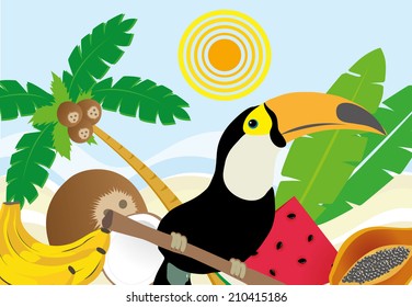 Illustration of a typical Brazilian landscape of a beach with fruits, toucans and fruit 