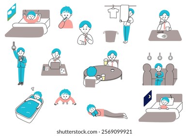Illustration of a typical day in the life of a male office worker