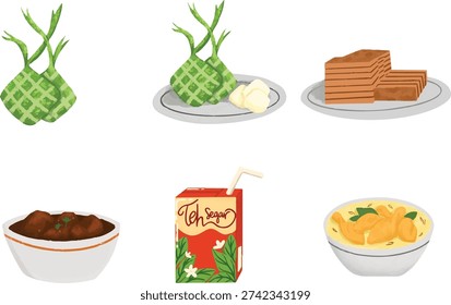 Illustration of typical Eid food in Indonesia, including ketupat, lapis legit, rendang, chicken opor and packaged sweet tea