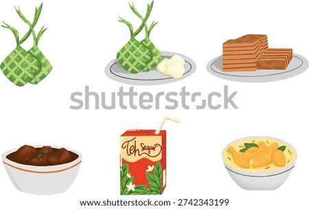 Illustration of typical Eid food in Indonesia, including ketupat, lapis legit, rendang, chicken opor and packaged sweet tea