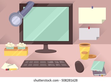 Illustration of a Typical Office Workstation Featuring a Computer Set, Assortment of Snacks, Sticky Notes, and Notepads