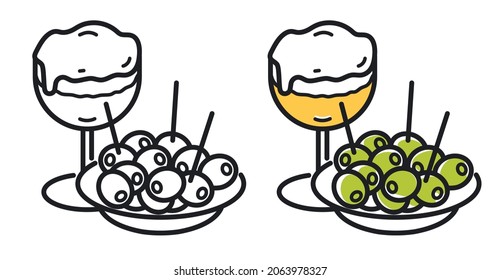 Ilustración del apetitoso típico español, aceitunas y vaso de cerveza. Bar comida y bebida. Símbolo, icono vector. Dibujo de líneas en color y blanco y negro.