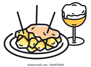 Illustration of typical Spanish food, Potatoes with spicy sauce (tapas patatas bravas) with a small cup of beer. Bar food and drink. Symbol, vector icon.