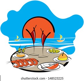 Illustration of a typical Spanish meal consisting of various dishes (fish, shrimps and prawns, olives, ...) and wine. In the background is a seascape. The colors used are blue, orange, red and green.