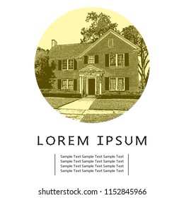 Illustration of Typical Suburb House in Vintage Style. Vector graphic drawing of traditional American residential building in suburban neighborhood or small town.