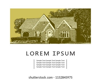 Illustration of Typical Suburb House in Vintage Style. Vector graphic drawing of traditional American residential building in suburban neighborhood or small town.