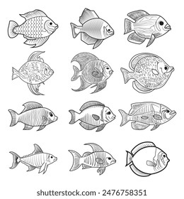 Illustration eines typografischen Fisch-Vektorgrafik-Ikonensatzes mit schwarzer Outlinse
