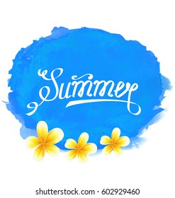 Illustration Typographic Text, Summer Label with Frangipani Flowers. Lettering Composition - Vector