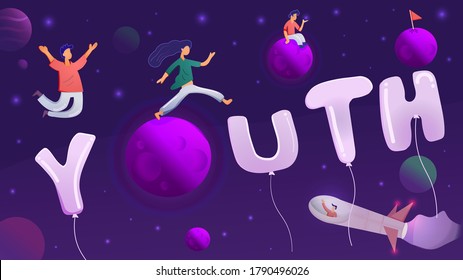 illustration typography young text with flat human, galaxy and rocket concept.youth day world. chasing dream concept, graphic illustration