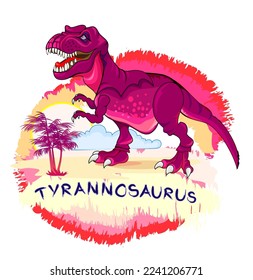 Illustration of tyrannosaurus. Prehistoric extinct dinosaur. Jurassic world animals. Isolated drawing on white background. Print for fabric, kids clothes, embroidery, wallpaper. Flat cartoon vector.