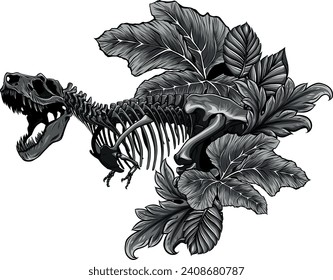 illustration of Tyrannosaurus Rex dinosaur skeleton with leaves