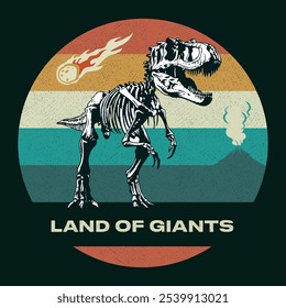 Illustration eines Tyrannosaurus Rex Fossils in einer apokalyptischen Landschaft auf buntem Hintergrund. Kunst für Drucke auf T-Shirts, Dekoration, etc.