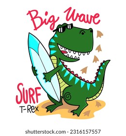  Illustration of a tyrannosaurus rex with a surfboard ready to surf, design for t-shirt