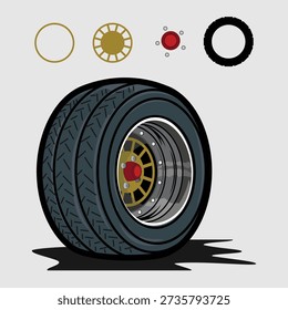illustration of tyre vector with velg and grey background. suitable for tire shop logo