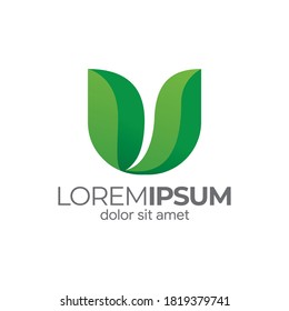 Illustration of U letter growing leaves with minimalistic vector style, minimalistic herbal leaf logo