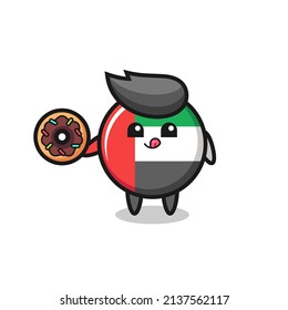 illustration of an uae flag badge character eating a doughnut , cute style design for t shirt, sticker, logo element