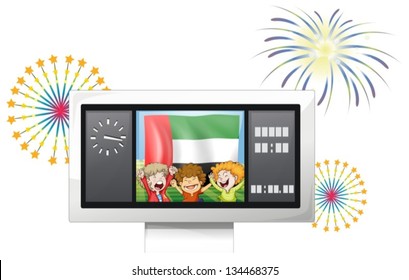 Illustration of the UAE flag and kids inside the timeboard on a white background