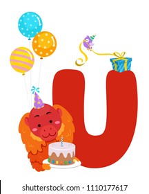 Illustration of a Uakari Holding Birthday Cake with Balloons and Letter U