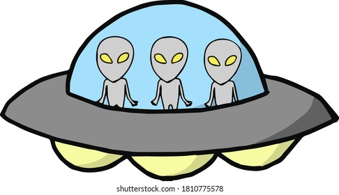 Illustration of ufo with 3 cute aliens