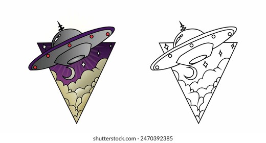 Illustration of UFO or alien craft by giving the impression of color and sketch, the right color so that it is good for viewing. suitable for t-shirt design, stickers and other purposes. 