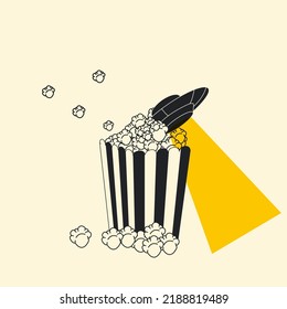 Illustration of a UFO fell into popcorn. Vector hand drawn cartoon kawaii mascot illustration icon. Isolated on white background. Popcorn character concept