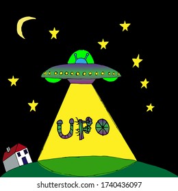 Illustration of a UFO flew to planet earth.