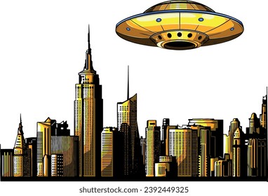illustration of UFO Flying Over City at Night