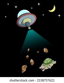 illustration ufo shooting blue color ray to turtle and stones in cartoon 