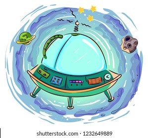 Illustration of a UFO Spaceship in a Space Warp for Travelling