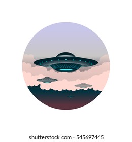 Illustration of UFOs in the sky on white background