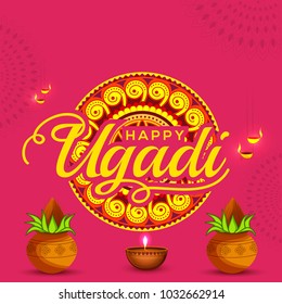 Illustration Of Ugadi With decorated Kalash On Typographical Background.