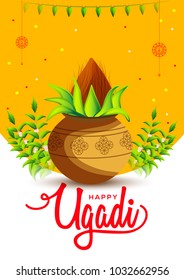 Illustration Of Ugadi With decorated Kalash On Typographical Background.