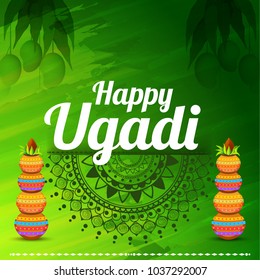 Illustration Of Ugadi With decorated Kalash On Typographical Background.
