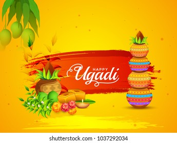 Illustration Of Ugadi With decorated Kalash On Typographical Background.