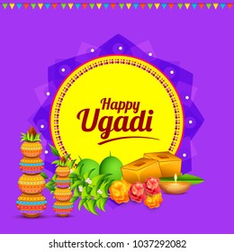 Illustration Of Ugadi With decorated Kalash On Typographical Background.