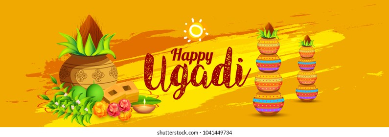 Illustration Of Ugadi With decorated Kalash On Typographical Background.