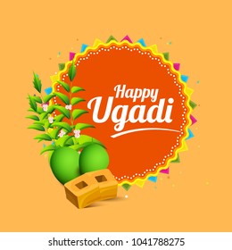 Illustration Of Ugadi With decorated Kalash On Typographical Background.