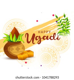 Illustration Of Ugadi With decorated Kalash On Typographical Background.