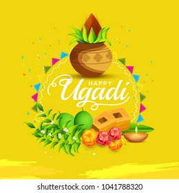 Illustration Of Ugadi With decorated Kalash On Typographical Background.