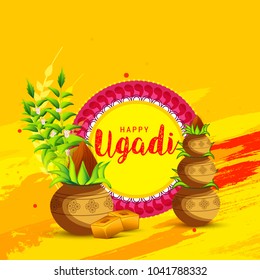 Illustration Of Ugadi With decorated Kalash On Typographical Background.