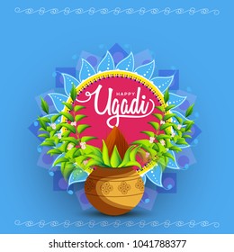Illustration Of Ugadi With decorated Kalash On Typographical Background.